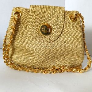 Evening purse, Gold colored with gold chain. 8.5 x 7 x 4 inches.